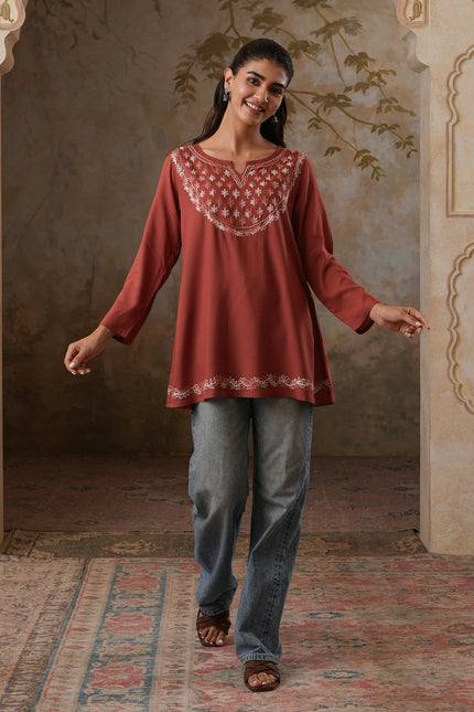 Qazmi Women's Azra Kashmiri A-Line Full Sleeves Viscose Rayon Short Kurti