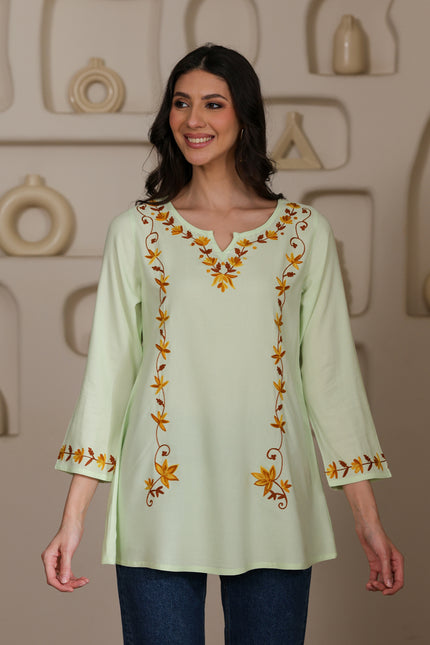 Qazmi Women Kashmiri Aari Embroidered A-Line Viscose Rayon Short Kurti with Full Sleeves
