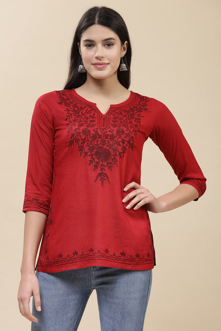 Red Self Aari Short Kurti For Women