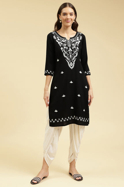 Black Off White Boota Aari Long Kurti For Women