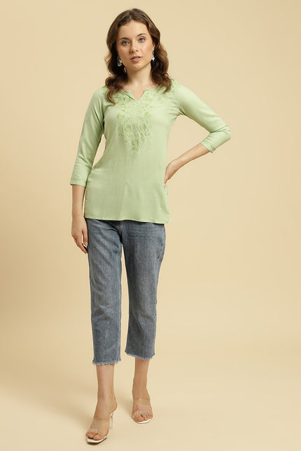 Green Self SilK Short Kurti For Women