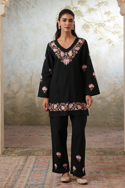 Qazmi Women's Kashmiri Chinarkari Work Olive Green CoOrd Set