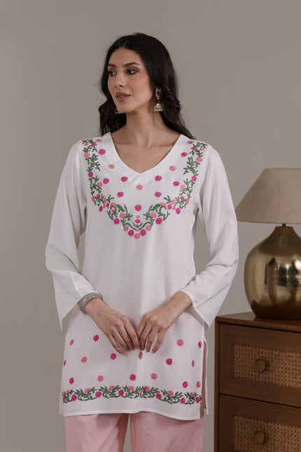 Qazmi Women's Aari Embroidered Viscose Rayon Full Sleeves Straight Kurti