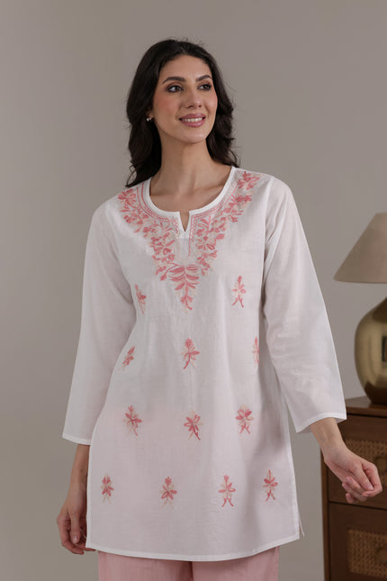 Qazmi Women's Aari Embroidered Pure Cotton Short Kurta