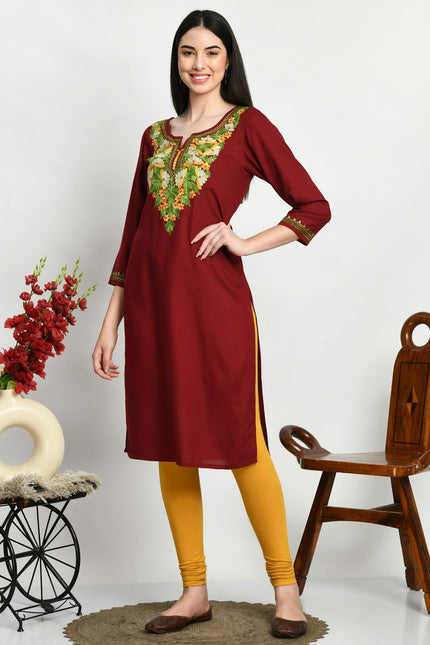 Maroon Multi Aari Long Kurti For Women