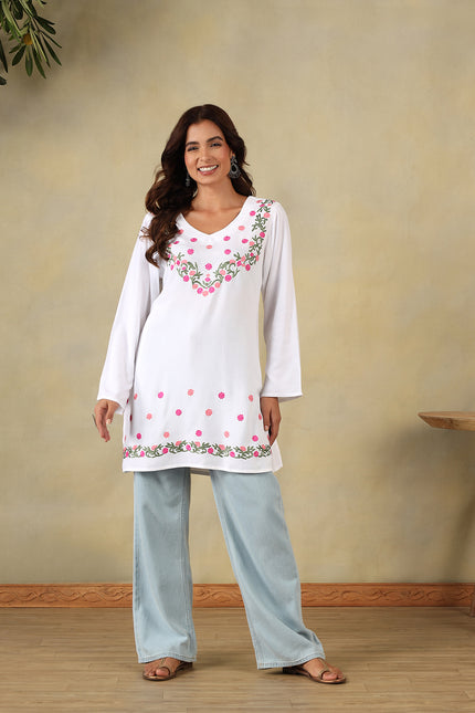 Qazmi Women's Aari Embroidered Viscose Rayon Full Sleeves Straight Kurti