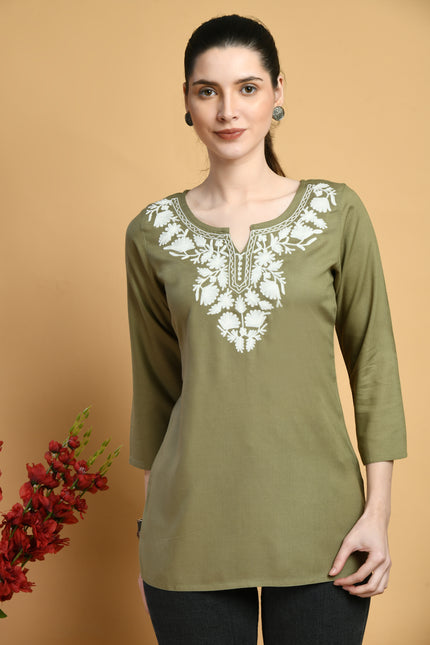 Olive Off White Short Kurti For Women