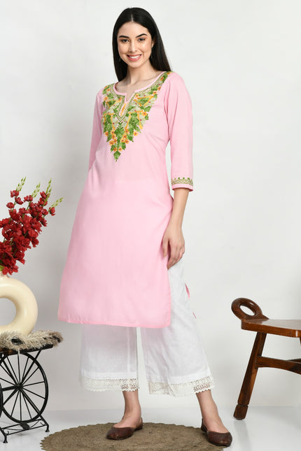 Light Pink Multi Aari Long Kurti For Women