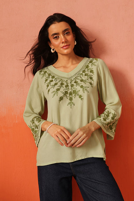 Qazmi Women's Sarah V-Neck Kashmiri Aari Work Full Sleeves Kurti