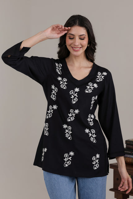 Qazmi Women Kashmiri Aari Embroidered Viscose Rayon Flared Sleeves Short Kurti