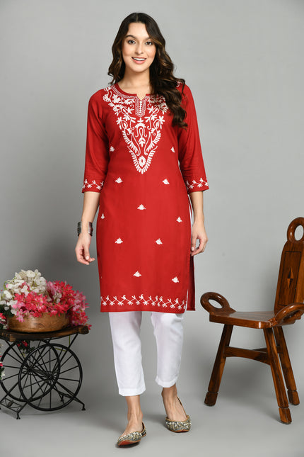 Red Offwhite Boota Aari Long Kurti For Women