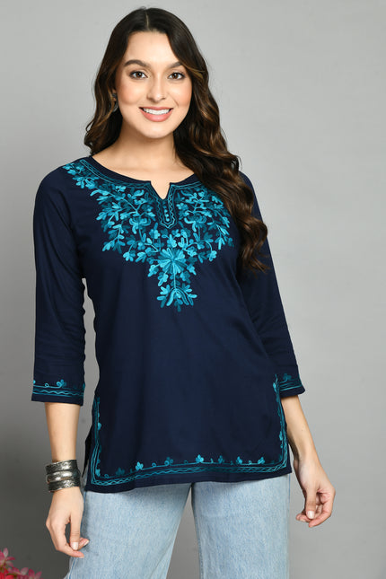 Blue Rama Green Aari Short Kurti For Women