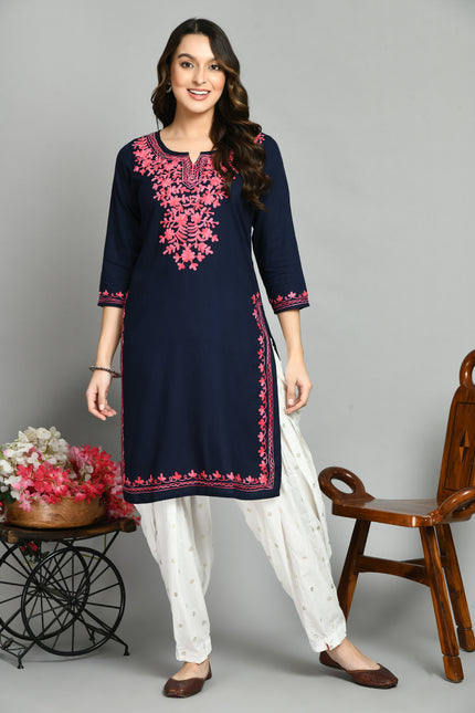 Blue Pink Aari Long Kurti For Women