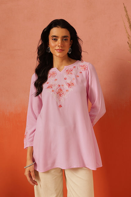 Qazmi Women's Kashmiri A-Line Light Pink Kurti