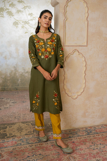 Qazmi Women's Zaynab Kashmiri Aari Work Cotton Linen Olive Green Kurta