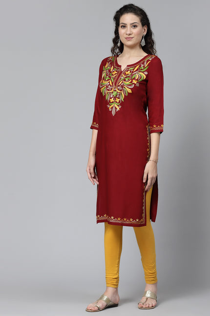 Maroon Multi-Design Aari Long Kurti For Women