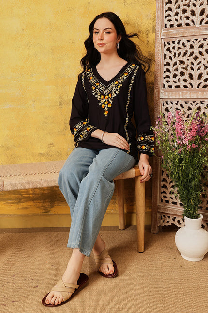 Qazmi Women's Amina Kashmiri Embroidered V-Neck Short Kurti