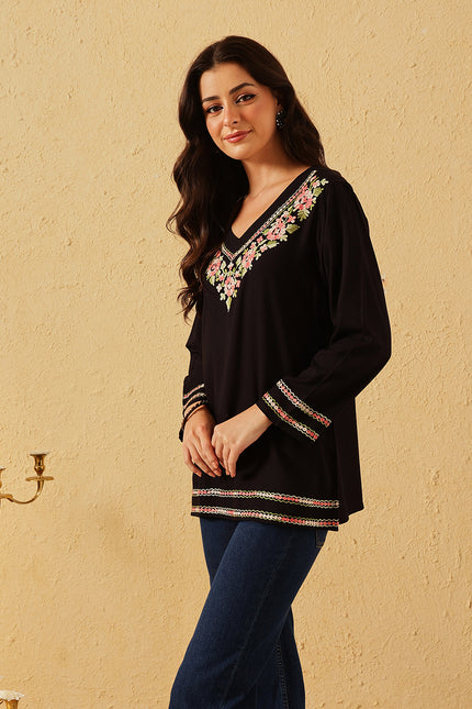 Qazmi Women's Amina Kashmiri Embroidered V-Neck Short Kurti