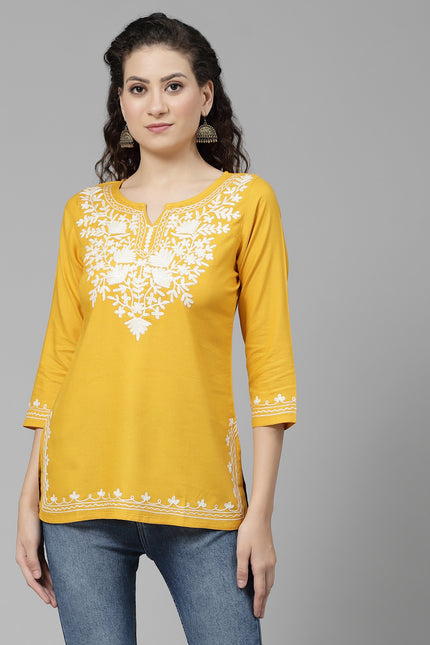 Musturd White Aari Short Kurti For Women