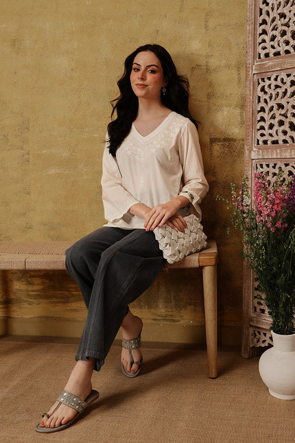 Qazmi Women's Raisa Kashmiri Aari Work V-Neck White Kurti