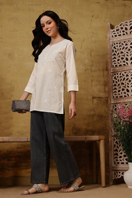 Qazmi Women's Pure Cotton Kashmiri Aari Work White Kurti