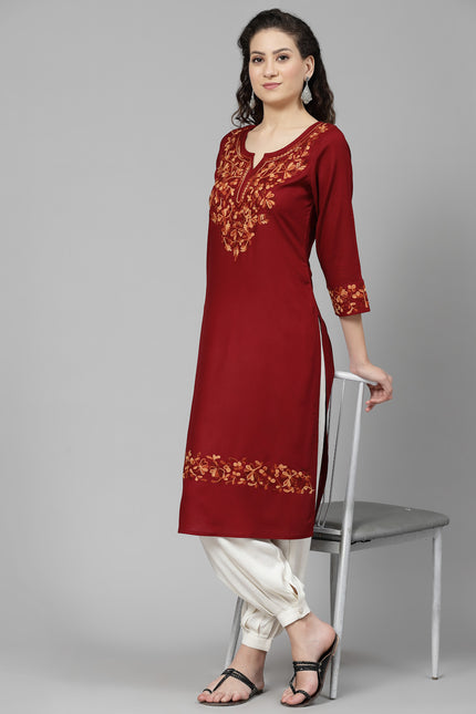 Maroon A-Line Aari Long Kurti For Women