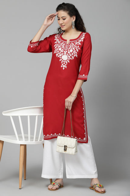 Red Offwhite Aari Long Kurti For Women