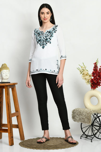 White Grey Aari Short Kurti For Women
