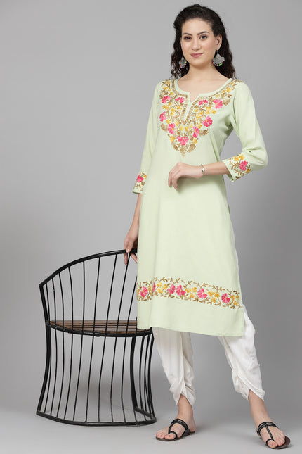 Pista Green A-Line Aari Long Kurti For Women