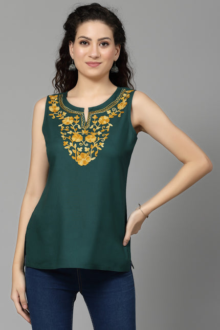Green Sleeveless Aari Short Kurti For Women