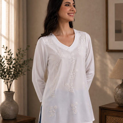 Qazmi Women Kashmiri Aari Embroidered Viscose Rayon Flared Sleeves Short Kurti