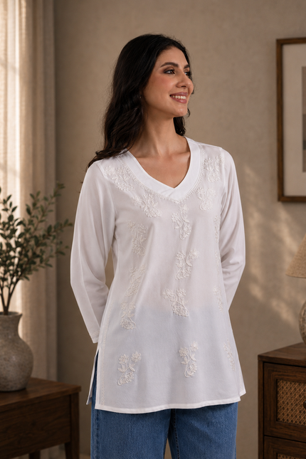 Qazmi Women Kashmiri Aari Embroidered Viscose Rayon Flared Sleeves Short Kurti
