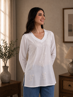 Qazmi Women Kashmiri Aari Embroidered Viscose Rayon Flared Sleeves Short Kurti