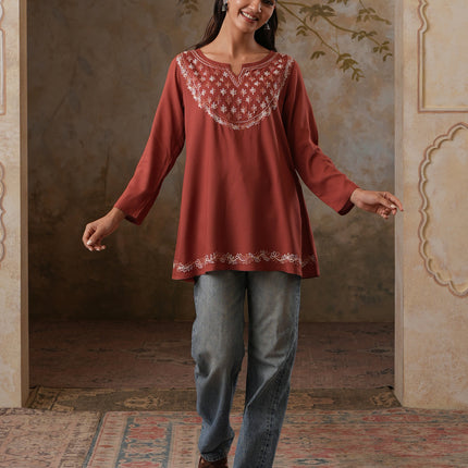 Qazmi Women's Azra Kashmiri A-Line Full Sleeves Viscose Rayon Short Kurti