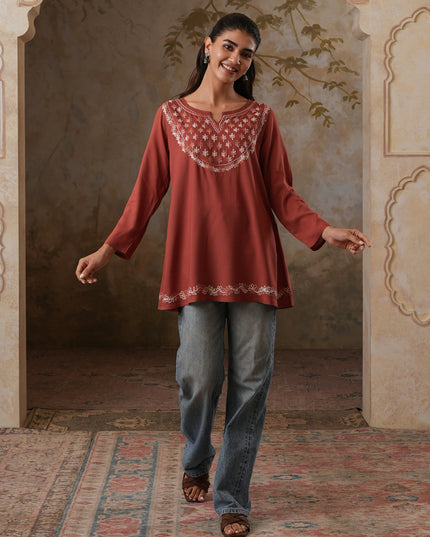 Qazmi Women's Azra Kashmiri A-Line Full Sleeves Viscose Rayon Short Kurti