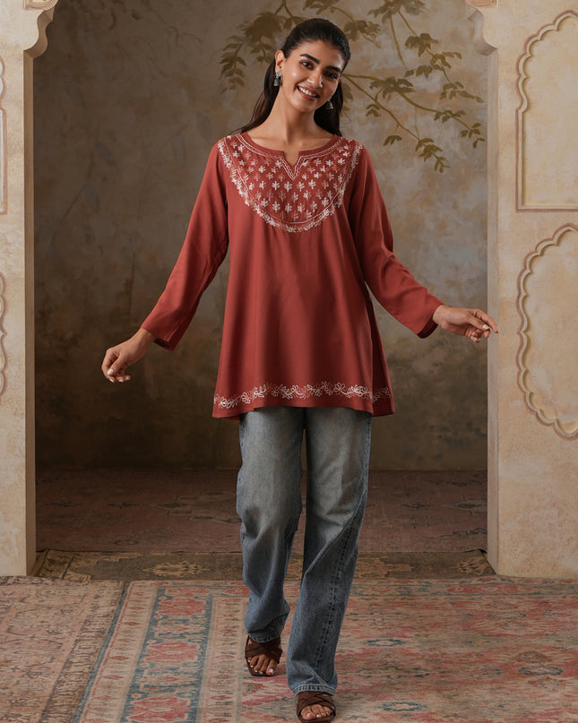 Qazmi Women's Azra Kashmiri A-Line Full Sleeves Viscose Rayon Short Kurti