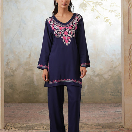 Qazmi Women's Kashmiri Aari Work Navy Blue CoOrd Set