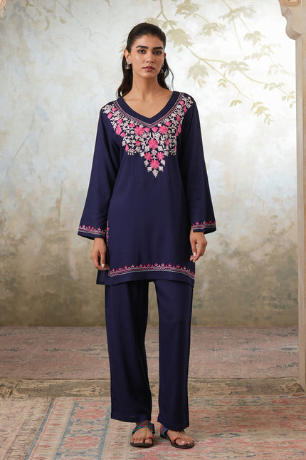 Qazmi Women's Kashmiri Aari Work Navy Blue CoOrd Set