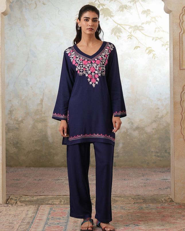 Qazmi Women's Kashmiri Aari Work Navy Blue CoOrd Set