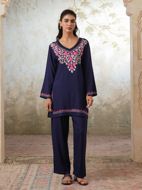 Qazmi Women's Kashmiri Aari Work Navy Blue CoOrd Set