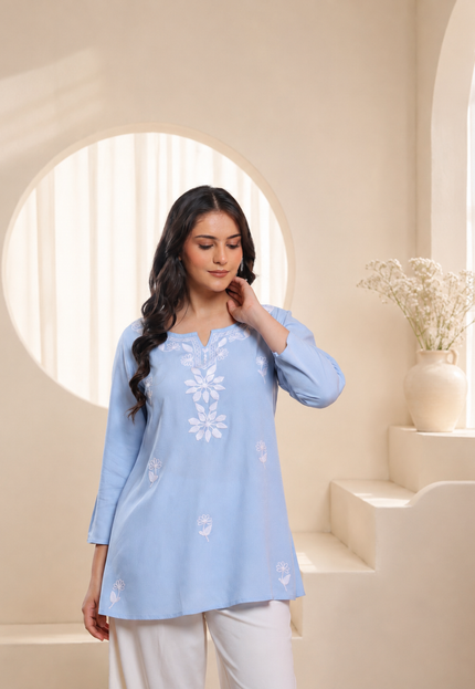 Qazmi Women's Kashmiri Aari Embroidered Viscose Rayon A-Line Flared Kurti