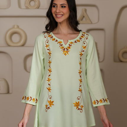 Qazmi Women Kashmiri Aari Embroidered A-Line Viscose Rayon Short Kurti with Full Sleeves