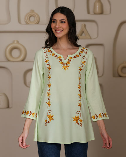 Qazmi Women Kashmiri Aari Embroidered A-Line Viscose Rayon Short Kurti with Full Sleeves