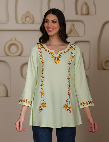 Qazmi Women Kashmiri Aari Embroidered A-Line Viscose Rayon Short Kurti with Full Sleeves