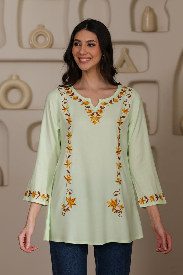 Qazmi Women Kashmiri Aari Embroidered A-Line Viscose Rayon Short Kurti with Full Sleeves