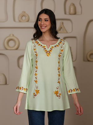 Qazmi Women Kashmiri Aari Embroidered A-Line Viscose Rayon Short Kurti with Full Sleeves