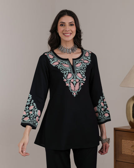 Qazmi Women Aari Embroidered Viscose Rayon A-Line Short Kurti with Full Sleeves