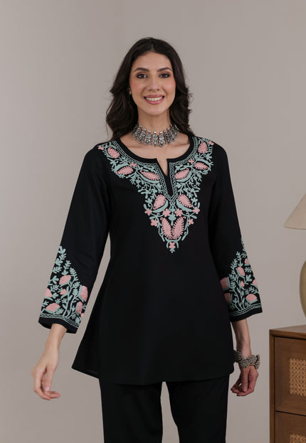 Qazmi Women Aari Embroidered Viscose Rayon A-Line Short Kurti with Full Sleeves