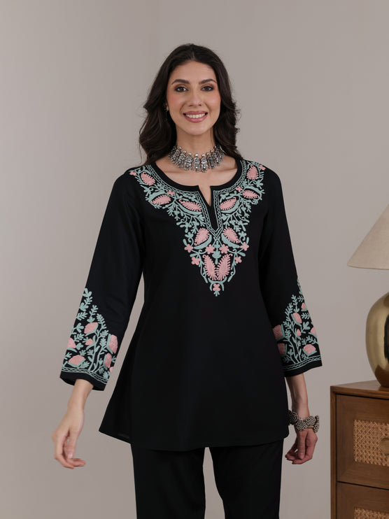Qazmi Women Aari Embroidered Viscose Rayon A-Line Short Kurti with Full Sleeves