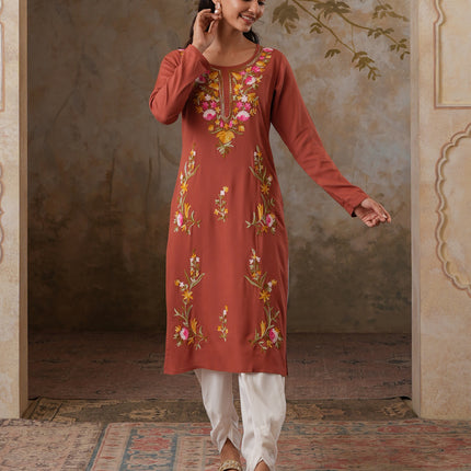 Qazmi Women's Sahar Kashmiri Aari Work Straight Kurta